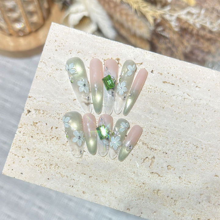 Floral Gemstone Stiletto Nail Set Stornfield