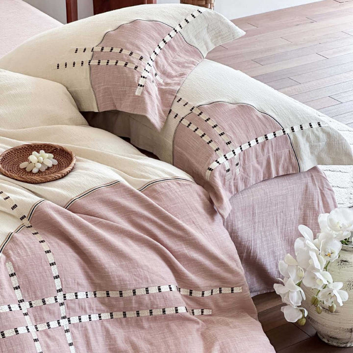 Cotton-Linen Textured Reversible Duvet Cover Set with Patchwork Stitch Detail