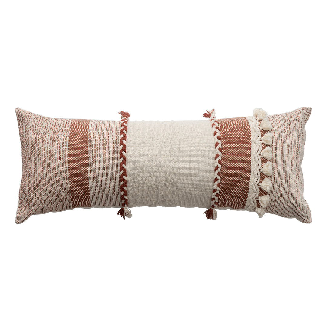 Rectangular Boho Lumbar Pillow with Braided Ties and Tassels