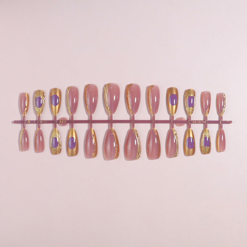 Artistic Press-On Nail Set with Gold and Purple Accents Stornfield