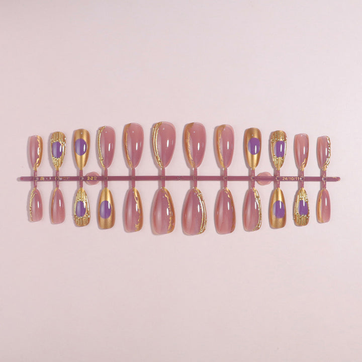 Artistic Press-On Nail Set with Gold and Purple Accents Stornfield