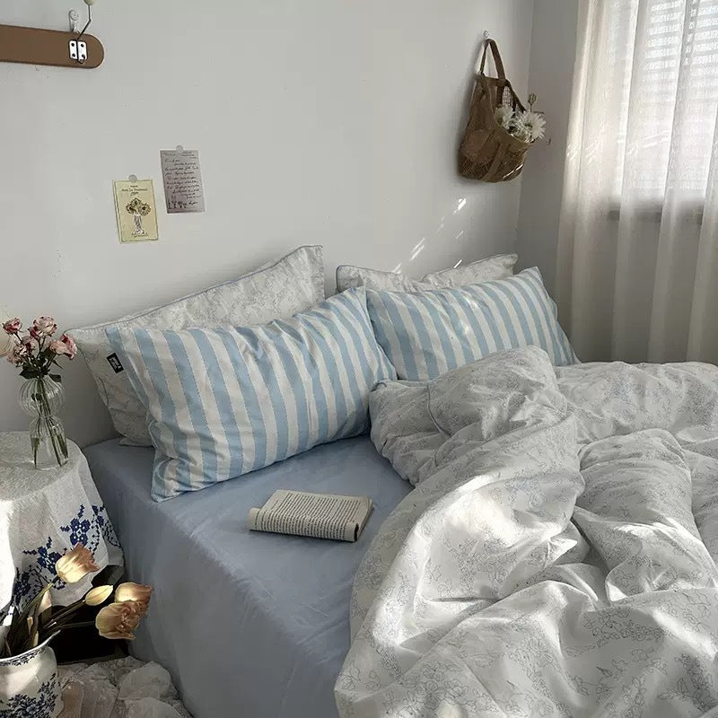 Cotton Floral Duvet Cover Bedding Set with Fitted Sheet and Pillowcases