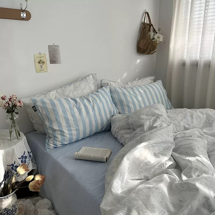 Cotton Floral Duvet Cover Bedding Set with Fitted Sheet and Pillowcases