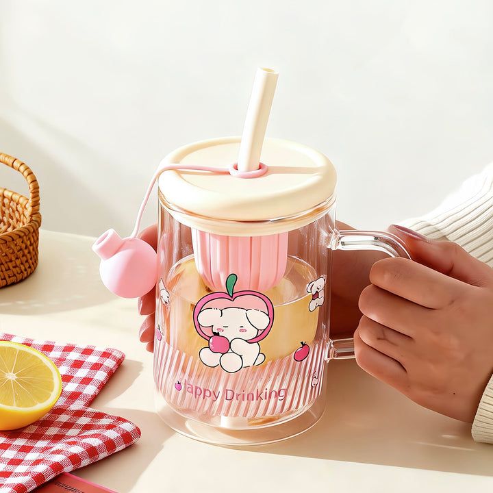 Ladies drinking glass with creative silicone lid and integrated straw Stornfield