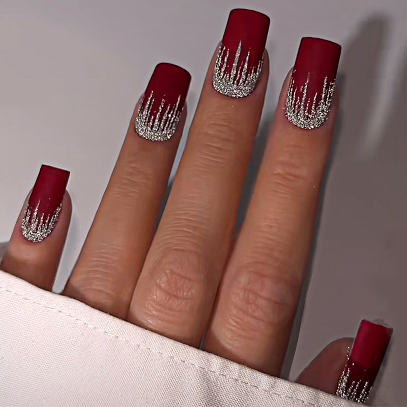 Artistic Press-On Nail Set with Silver Drip Design Stornfield