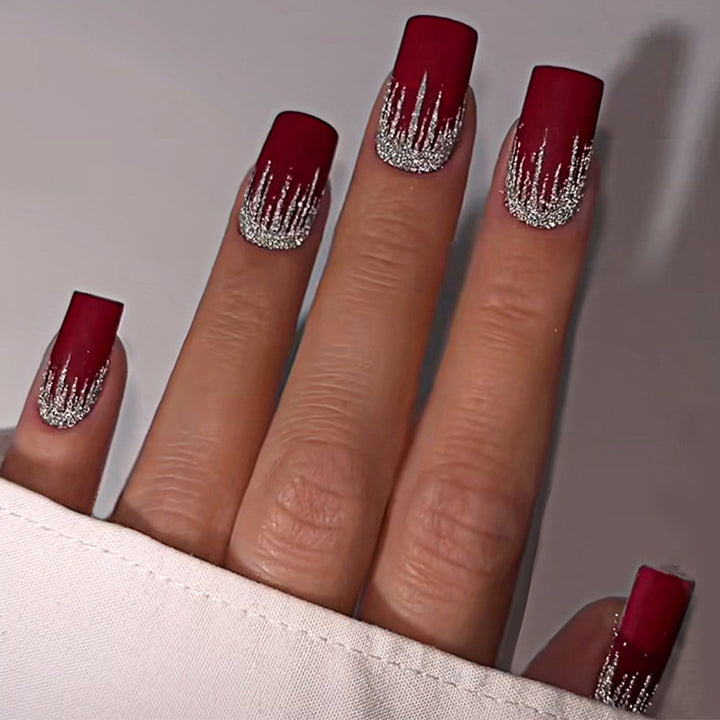 Artistic Press-On Nail Set with Silver Drip Design Stornfield