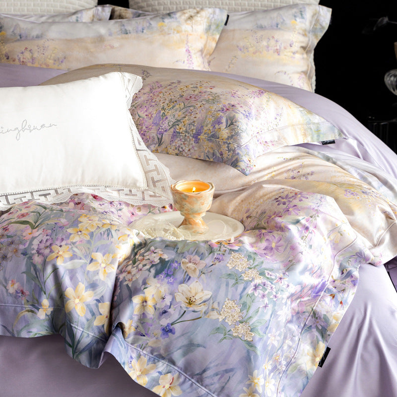 Silk-gloss satin bed linen set with watercolored meadow flower print and concealed zipper