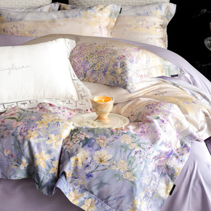 Silk-gloss satin bed linen set with watercolored meadow flower print and concealed zipper