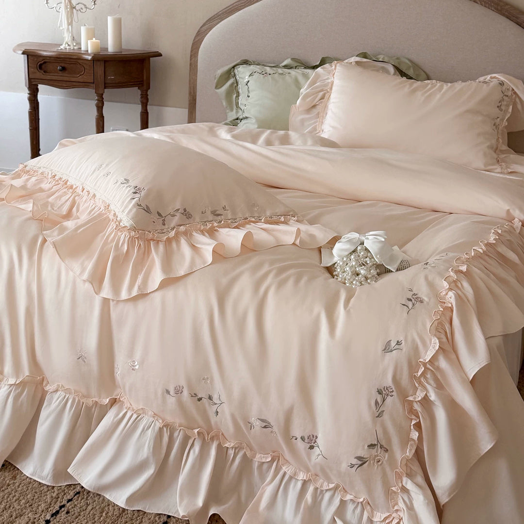Embroidered Ruffled Satin Duvet Cover Set with Decorative Pillow Shams
