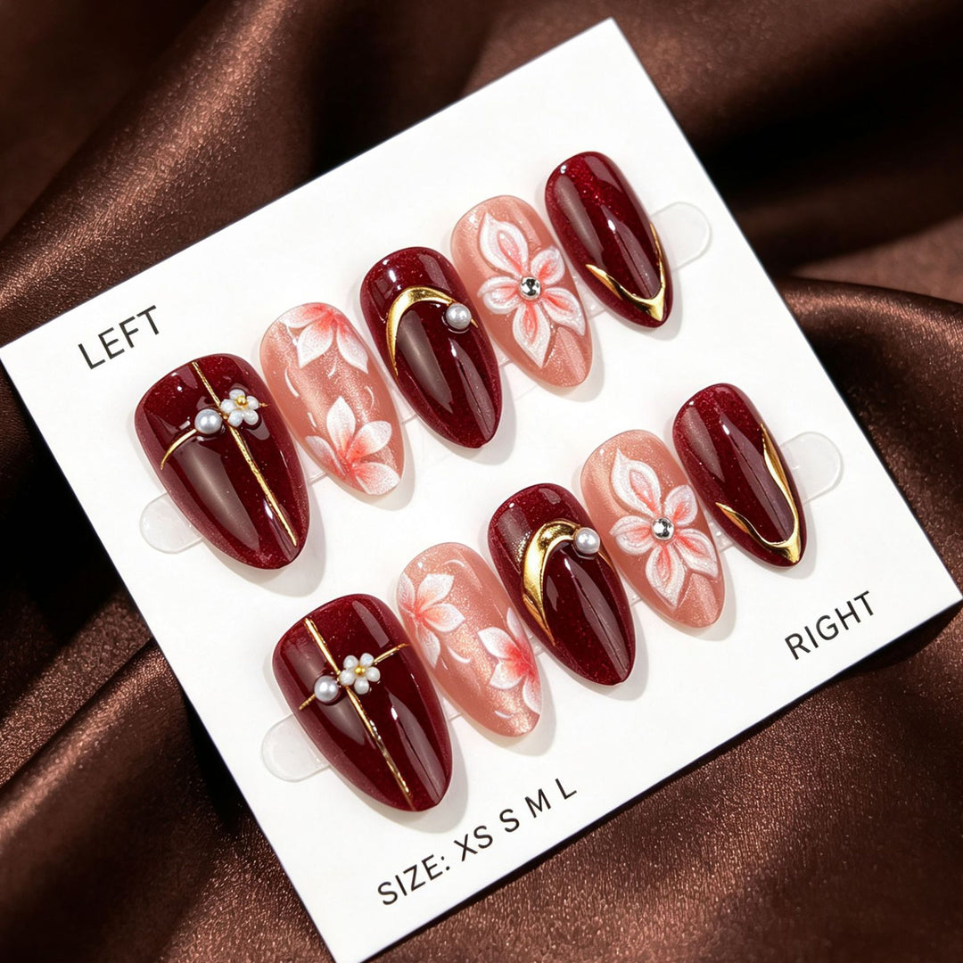 Elegant Press-On Nail Art Set with Floral Accents