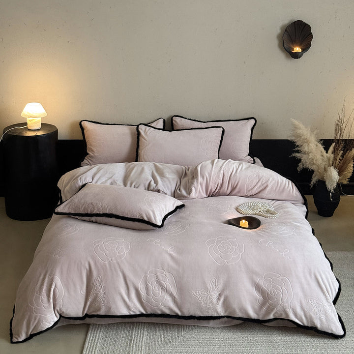 Embossed Velvet-Feel Duvet Cover Set with Contrasting Black Faux-Fur Piping and Decorative Pillow Shams