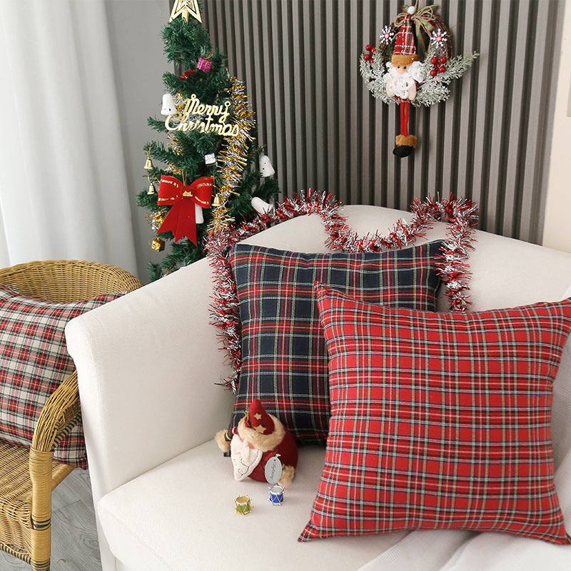 Square Tartan Plaid Cushion Cover with Concealed Zipper and Cotton-Blend Fabric