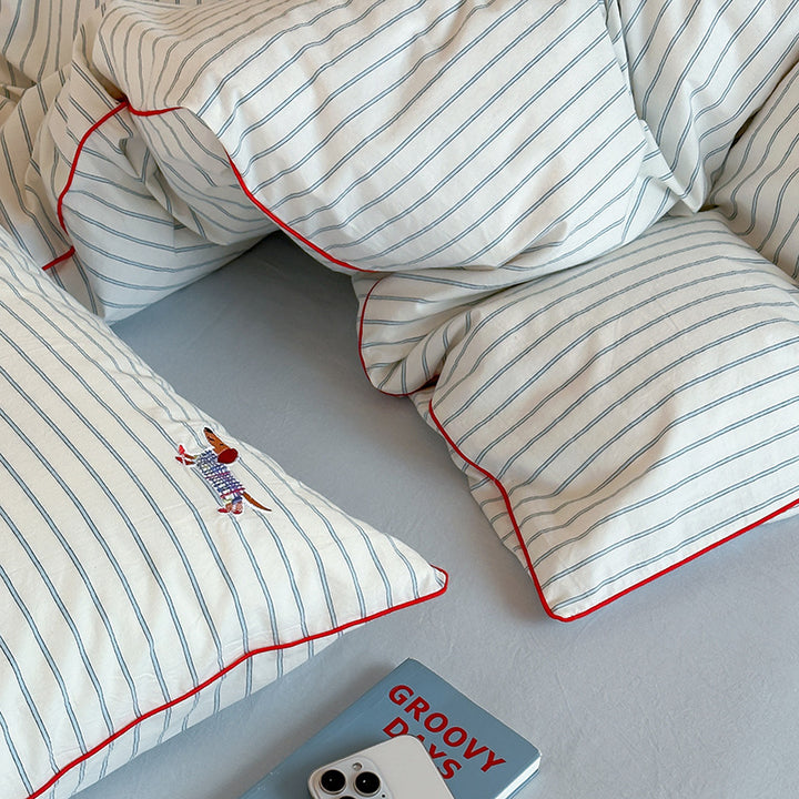 Striped Cotton Percale Duvet Cover Set with Piped Edge and Embroidered Motif