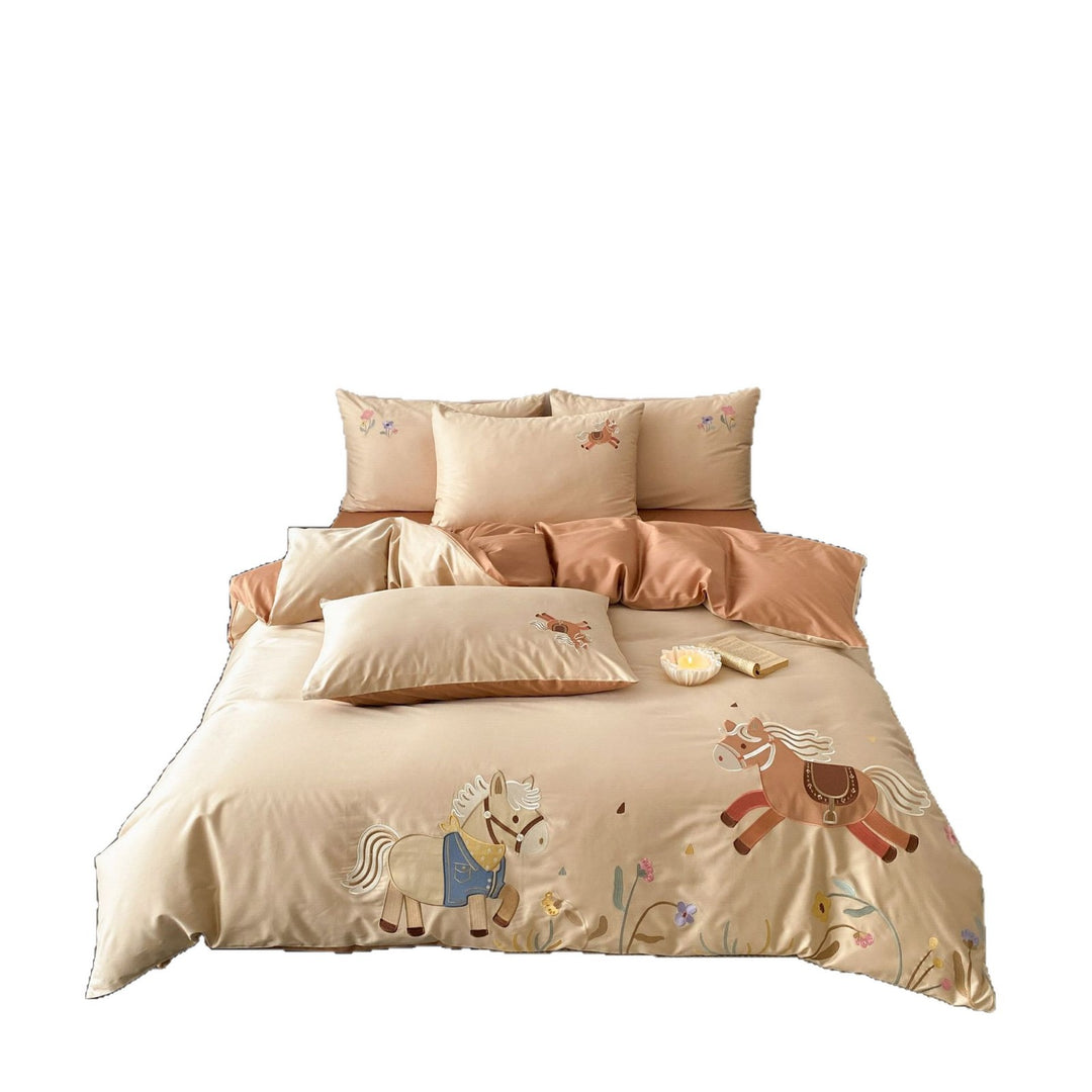 Children's satin bed linen set with embroidered rocking horse applications and velvety texture