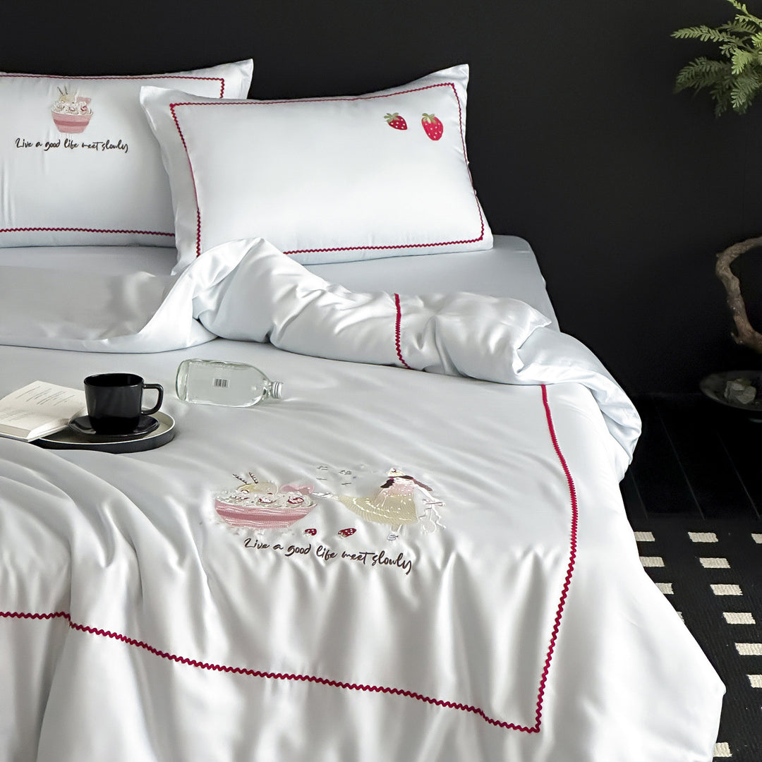 Silky Embroidered Rabbit-Motif Duvet Cover Set with Pillowcases