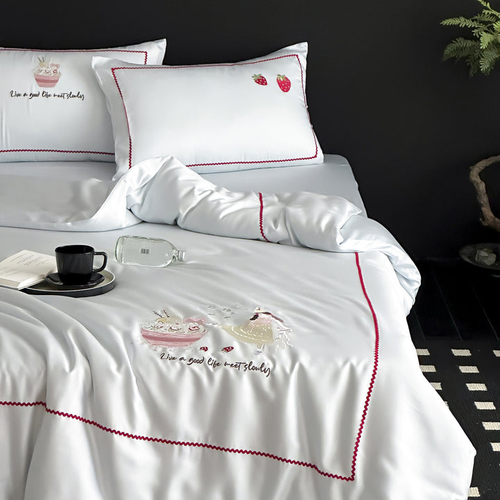 Silky Embroidered Rabbit-Motif Duvet Cover Set with Pillowcases