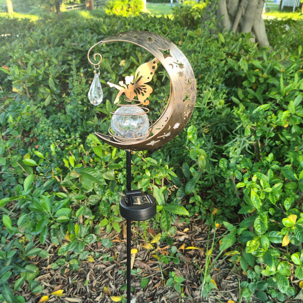 Crescent Moon Solar Garden Stake Light With Rotating Crackle Glass Orb And Butterfly Accent Stornfield