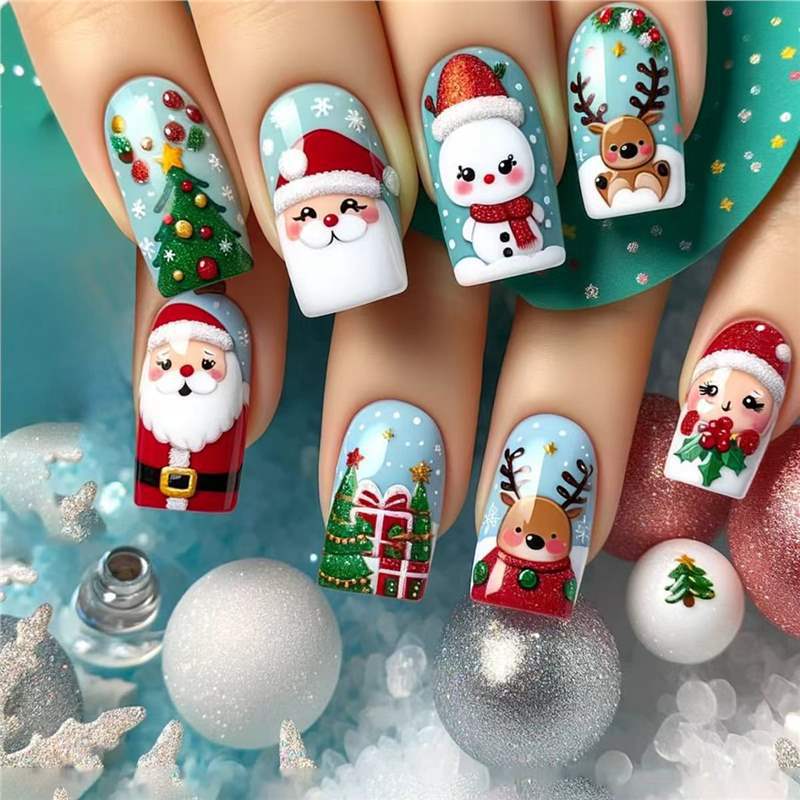 Festive Holiday-Themed Press-On Nail Art Set Stornfield