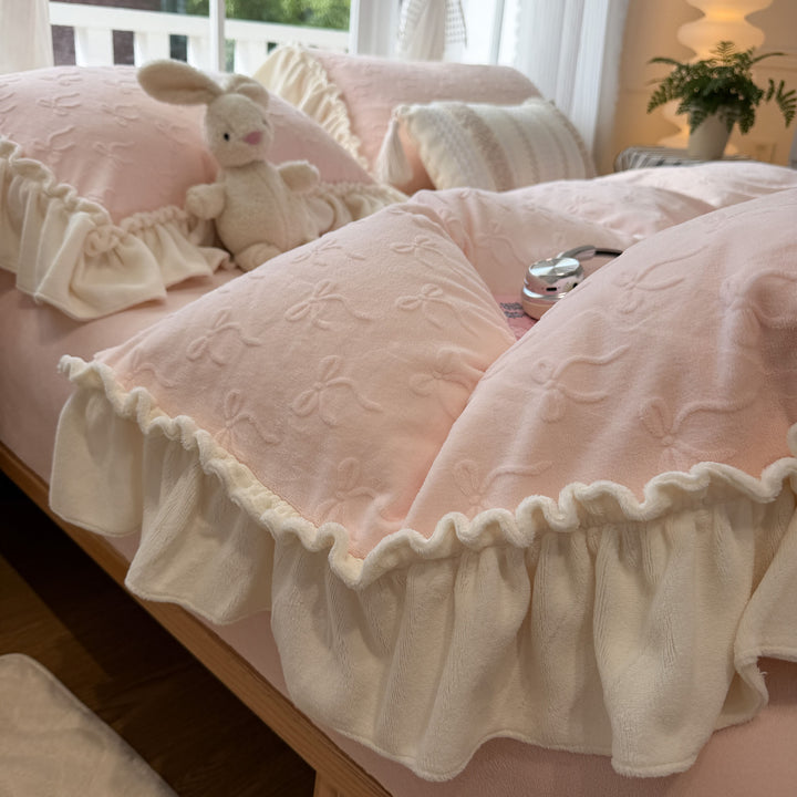 Embroidered Plush Quilted Duvet Comforter Set with Ruffled Skirt
