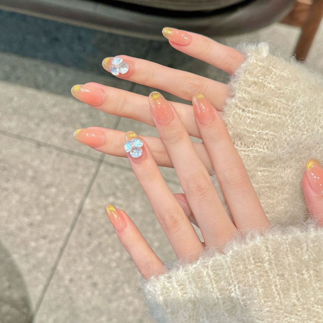 Elegant Decorative Press-On Nail Set with Rhinestone and Floral Accents