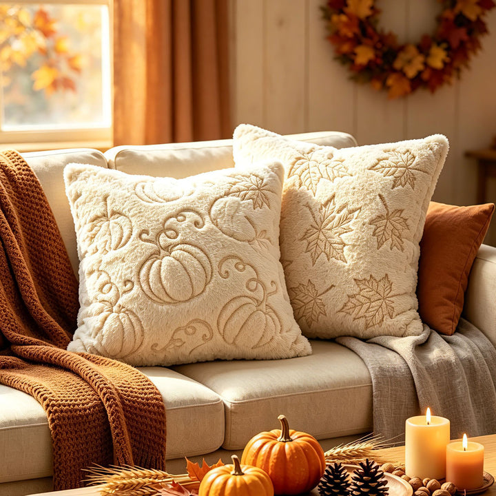 Autumn Plush Decorative Throw Pillow with Embossed Pumpkin Texture