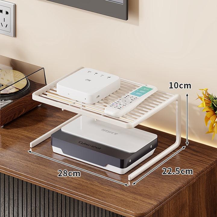 Two-Tier Ventilated Metal Electronics Organizer Shelf for Routers, Set-Top Boxes and Remotes