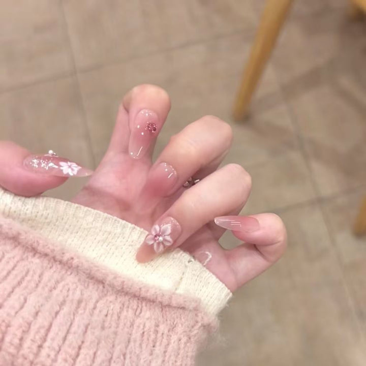 Flower-Decorated Long Stiletto Nail Extensions