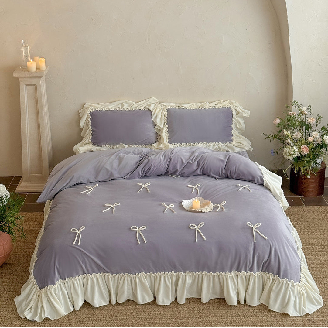 Romantic Frilled-Edge Bow-Appliqué Velvet-Effect Duvet Cover Set