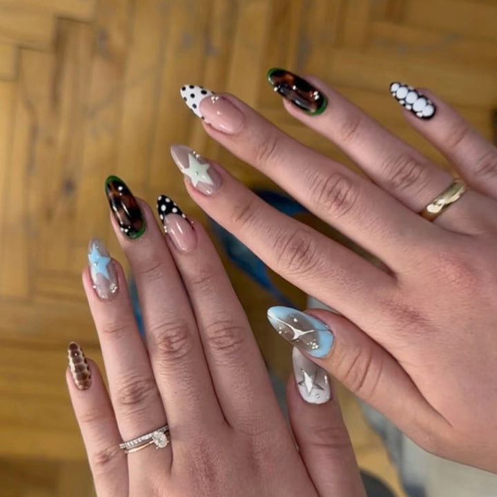 Artistic Press-On Nail Set with Star and Geometric Designs Stornfield