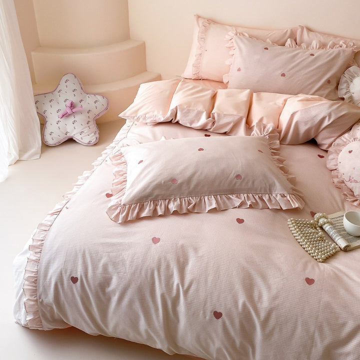 Romantic Ruffled Heart-Print Cotton Duvet Cover Set