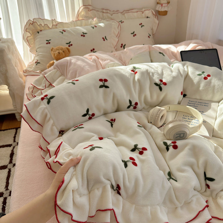 Plush Coral Fleece Heart-Print Oversized Comforter with Ruffle-Edge Pillow Shams