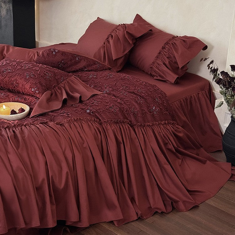 Luxurious bedspread and pillow collection with floral 3D embroidery and gathered hem