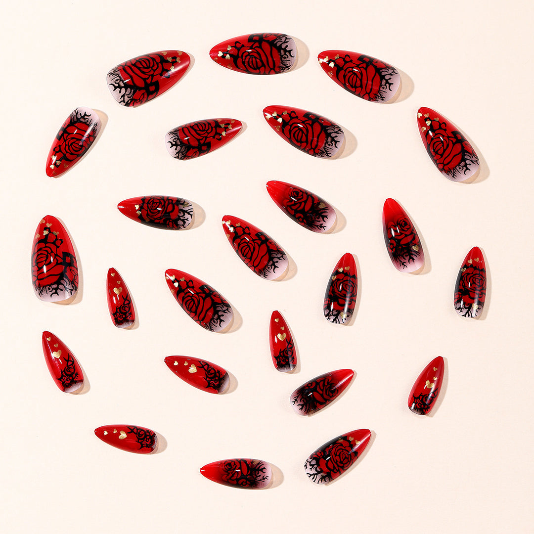 Gothic Rose-Design Stiletto Nail Art Extensions Stornfield