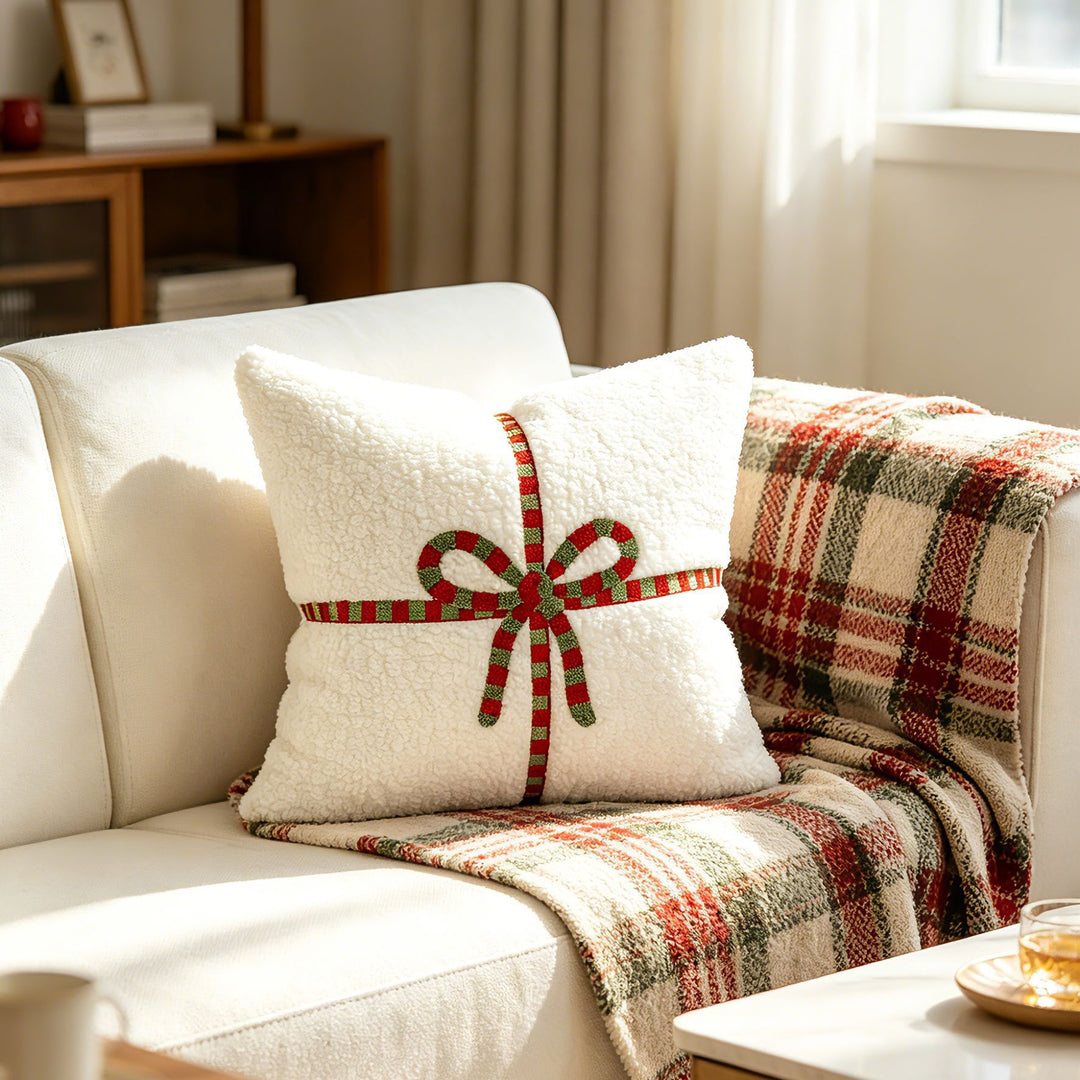 Decorative Sherpa Throw Pillow with Embroidered Ribbon Bow Accent