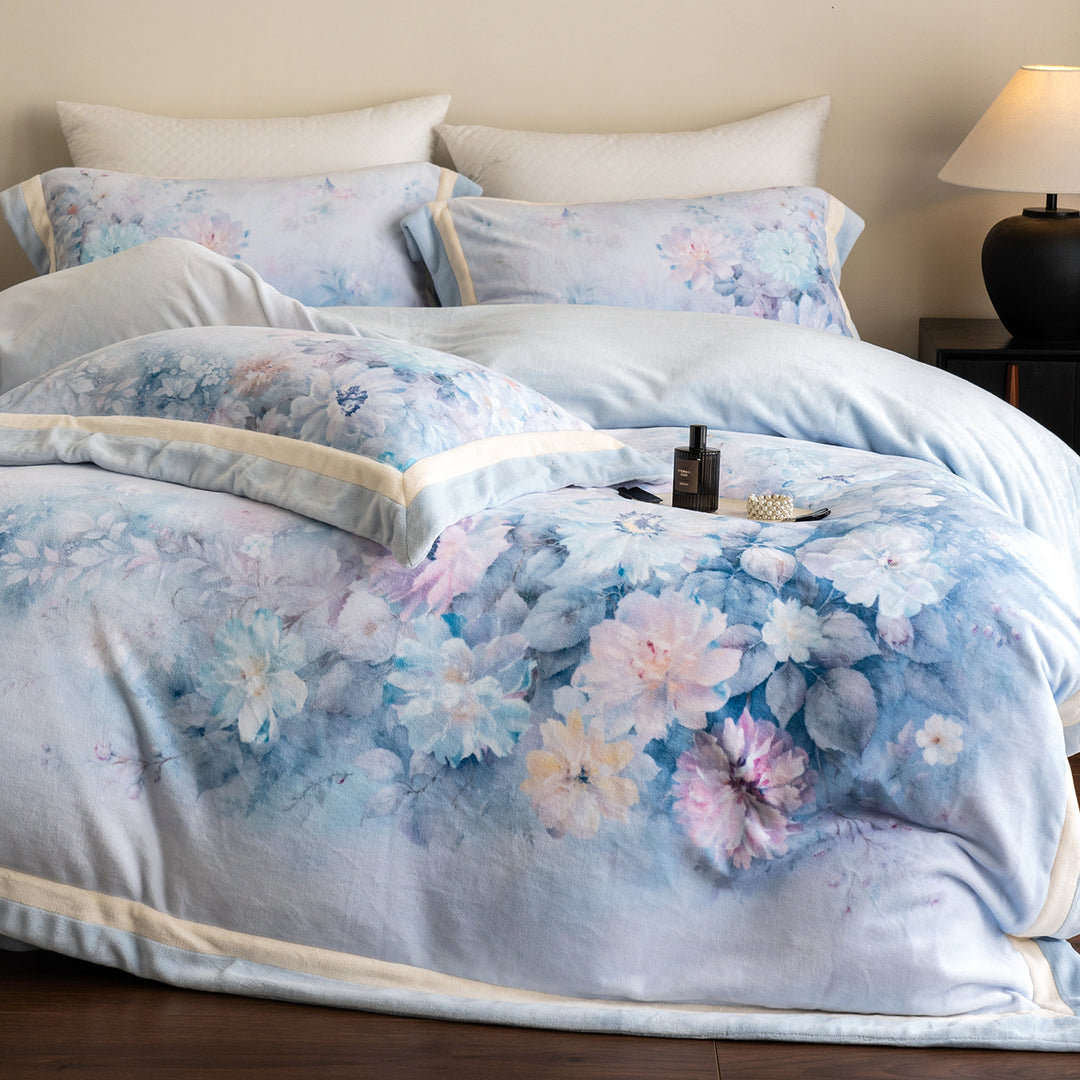 Floral Watercolor Plush Microfiber Duvet Cover Set with Reversible Back and Pillow Shams