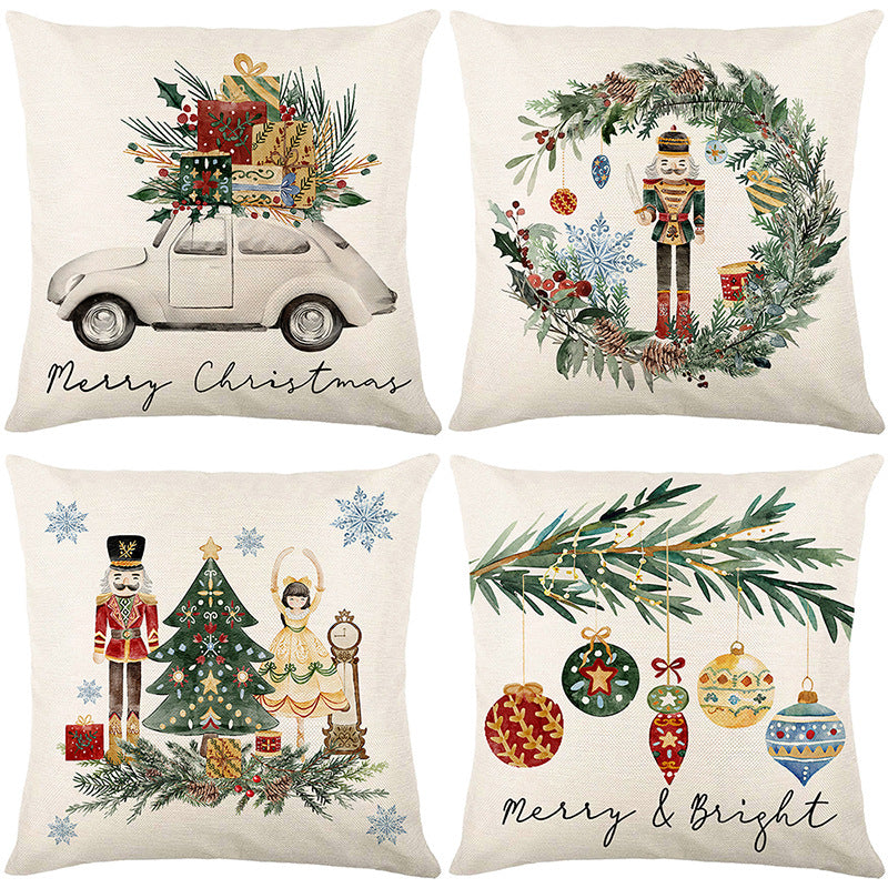Festive Christmas Nutcracker Wreath Cotton-Linen Throw Pillow Cover with Hidden Zipper