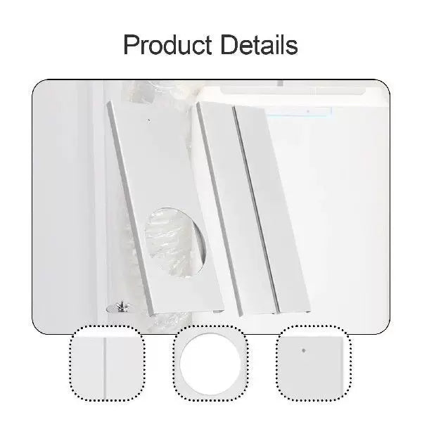 Unisex universal size portable air conditioner window ventilation plate adapter with circular exhaust cutout and adjustable sliding panel Stornfield