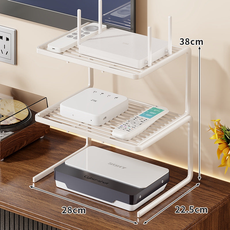 Two-Tier Ventilated Metal Electronics Organizer Shelf for Routers, Set-Top Boxes and Remotes
