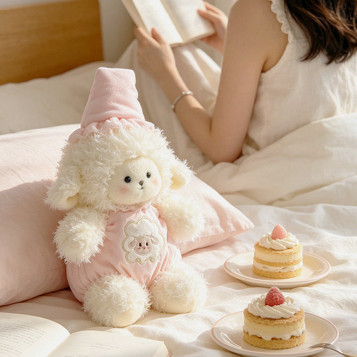Plush Lamb Cuddly Stuffed Toy with Embroidered Romper and Sleep Hat Stornfield