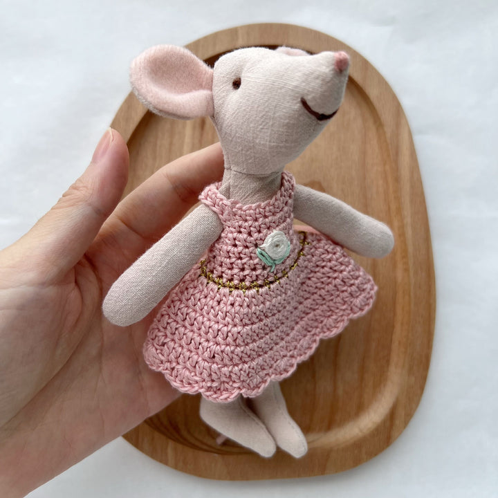 Handcrafted Cotton Plush Mouse Doll with Crochet Dress