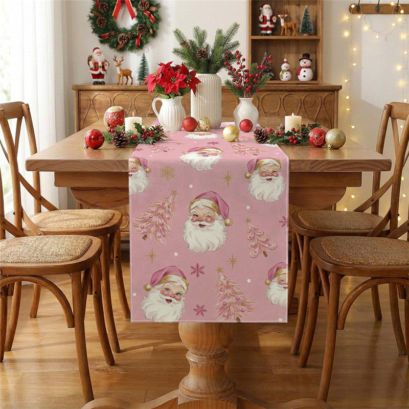 Festive Cotton-Linen Christmas Table Runner with Santa Truck and Snowman Illustration