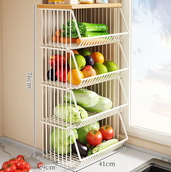 Countertop Wooden Top Metal Wire Fruit and Vegetable Storage Rack