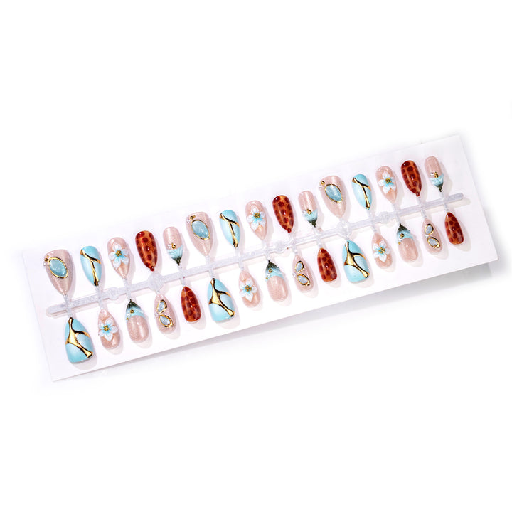 Artistic Press-On Nail Art Set with Floral and Gem Accents Stornfield