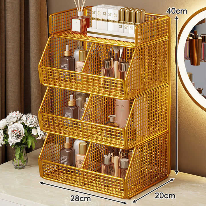 Two-Tier Metal Grid Countertop Vanity Organizer Shelf with Raised Front Lip