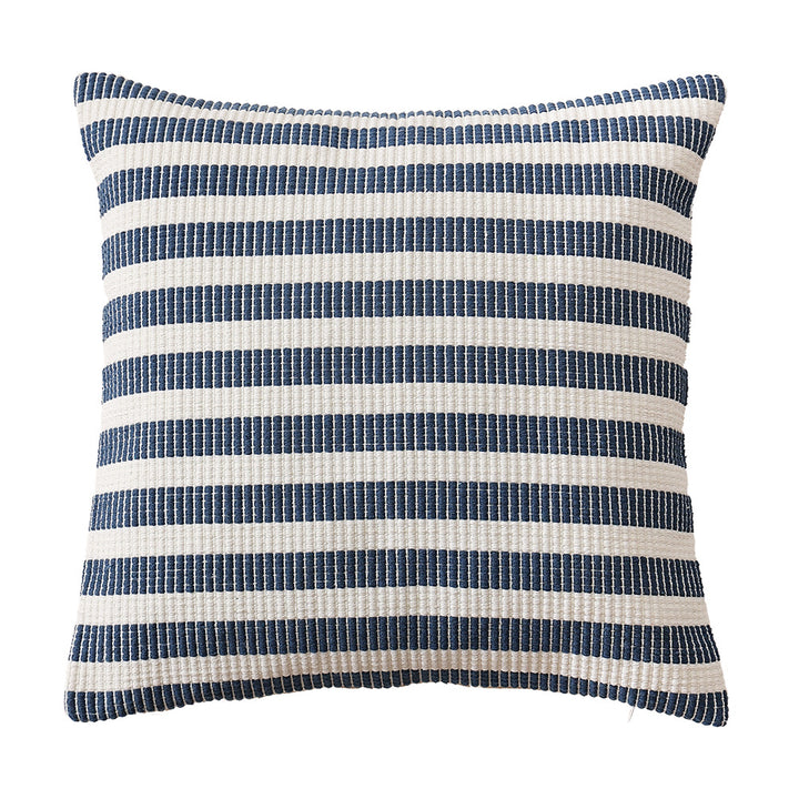 Woven square decorative cushion with fine ribbed texture and stripe pattern