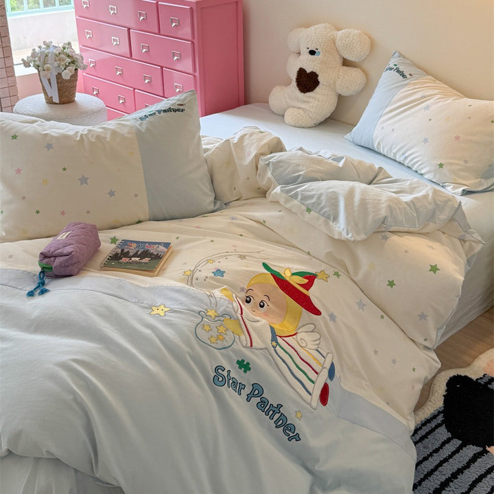 Children's Plush Embroidered Duvet Cover Set with Polka Dot Cotton Pillowcases