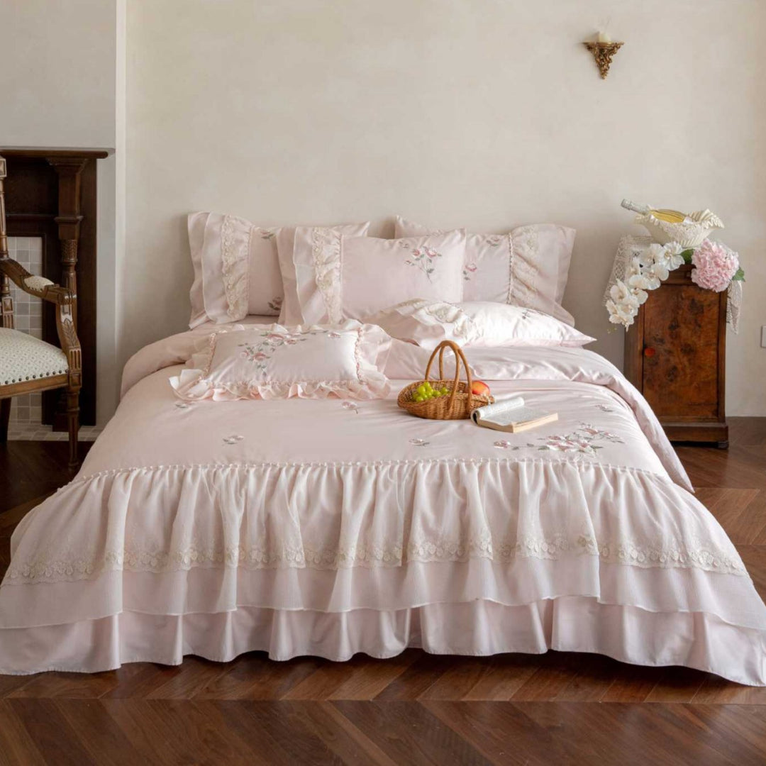 Ruffled Embroidered Cotton Sateen Duvet Cover Set with Layered Bedskirt & Lace-Trim Pillow Shams