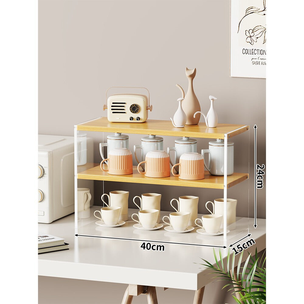 Multi-Level Bamboo-Style Countertop Kitchen Mug and Canister Organizer Shelf with Open Wood Shelves and Slim Metal Frame