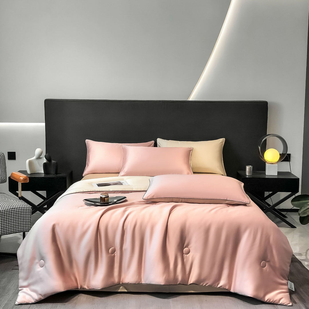 Silk cotton satin bedding cover with quilted comfort edge and pillowcases