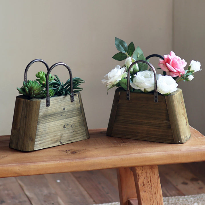 Handcrafted wooden basket with metal handles Stornfield
